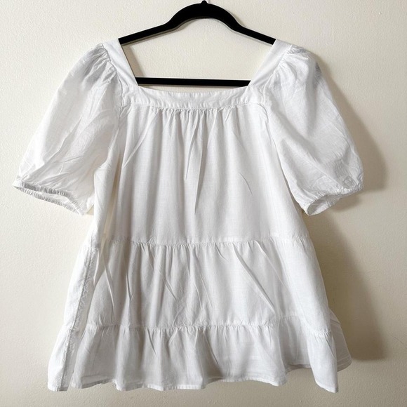 LOFT White Lace Trim Pintuck Square Neck Puff Sleeve Tiered Peplum Blouse Medium - Picture 2 of 7